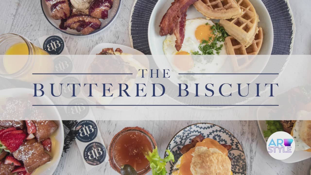 the Buttered Biscuit logo shown over numerous dishes