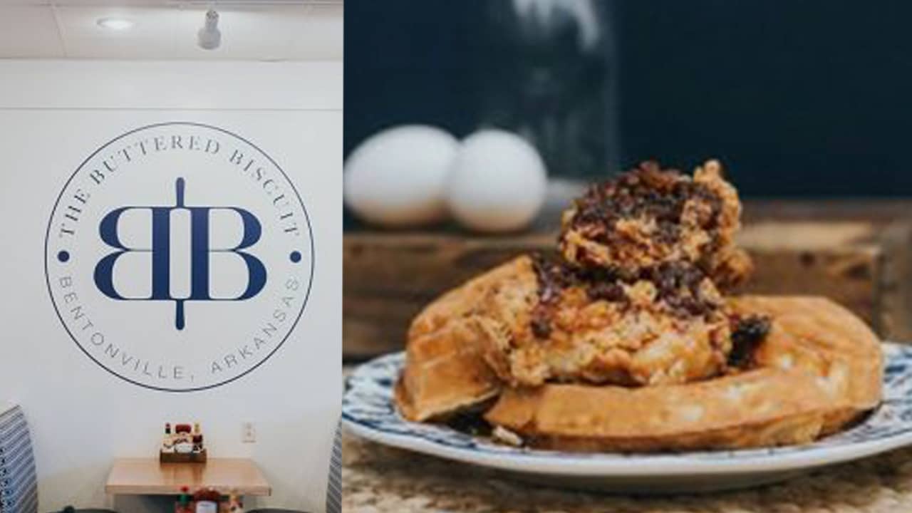 the buttered biscuit logo on left and chicken and waffles
