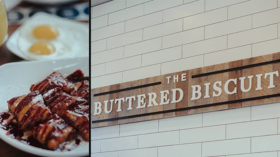 the buttered biscuit logo with a plate of beignets and eggs