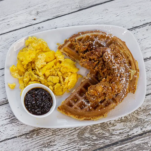 chicken and waffles with scrambled eggs