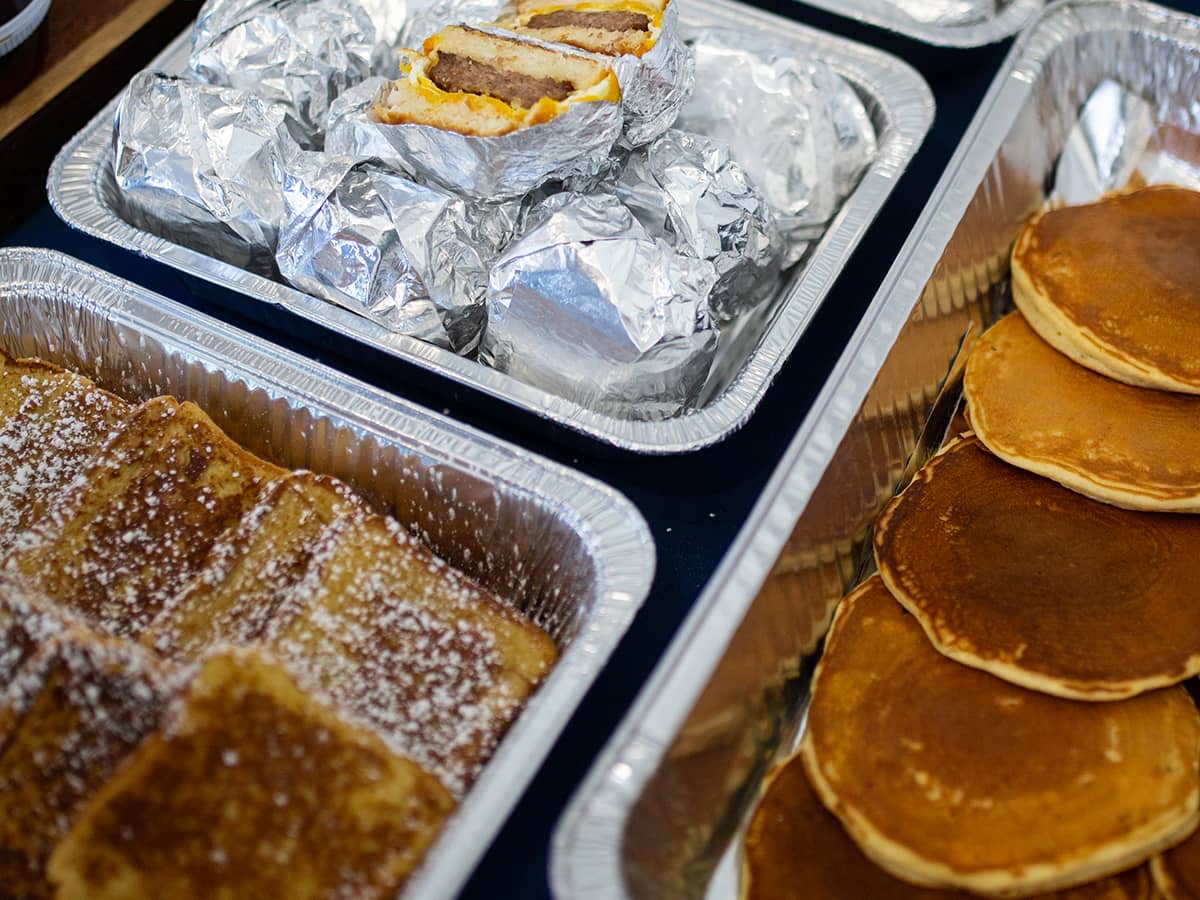 French toast, pancakes, and breakfast wraps